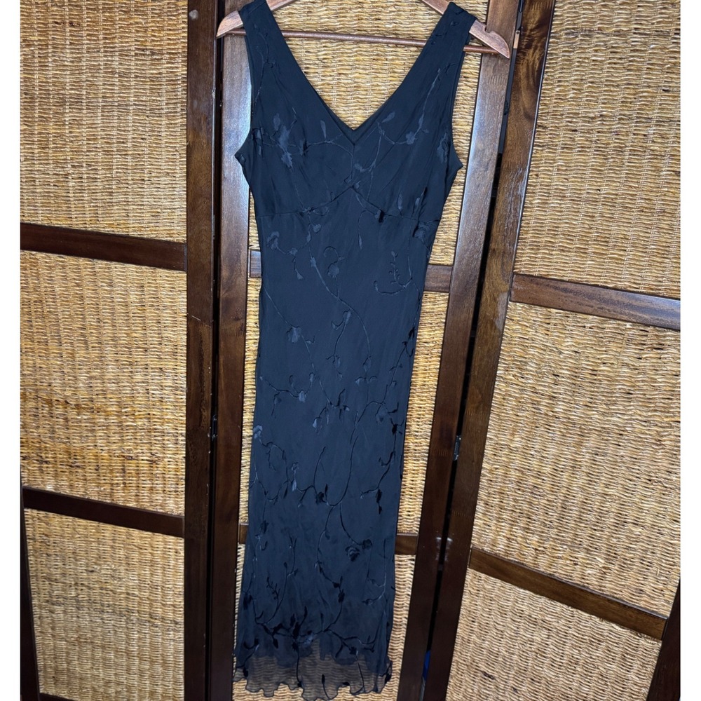 Y2K Black Silk Blend Burnout Floral V-Neck Midi Dress Size 6 Whimsigoth